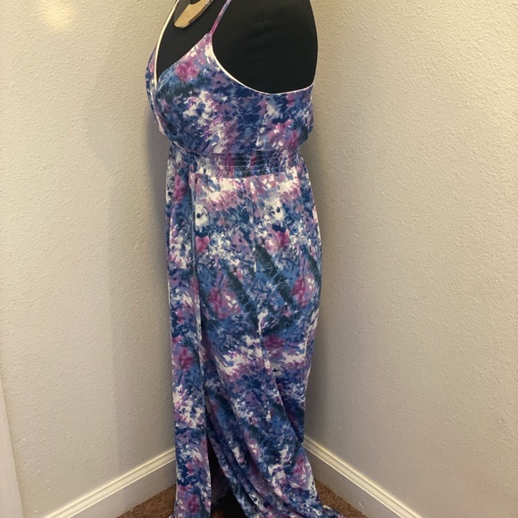 2 FOR $20 Cynthia Rowley Purple Blue Tie Dye Maxi Dress V Neck Smocked Slit XS - Picture 2 of 5